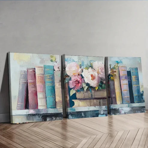 3pcs Books on the Shelf Rose Charm Perfect Wall Art Set Canvas Unframed - High Quality Print 100% Australian Made Wall Canvas