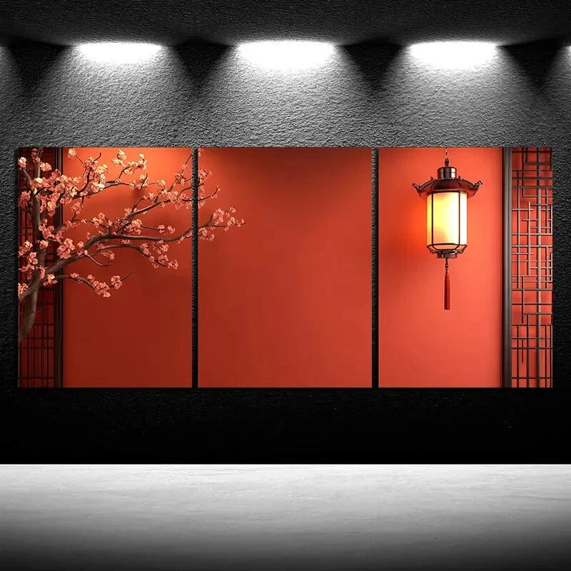 3pcs Red Plum Blossoms And Lanterns Metal Print Ready to Hang Art