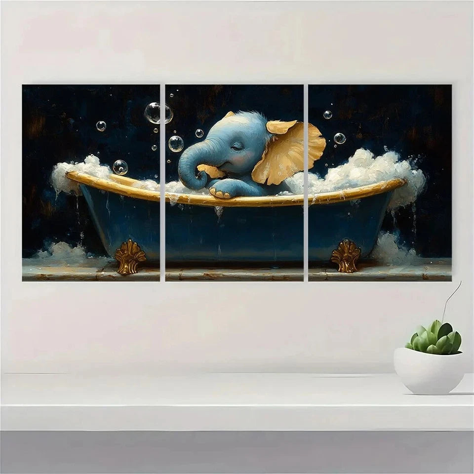 3pcs Whimsical Elephant Bubbles Golden Animal Metal Print Ready to Hang Art