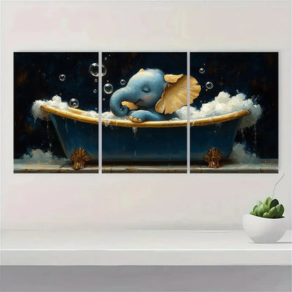 3pcs Whimsical Elephant Bubbles Golden Animal Metal Print Ready to Hang Art