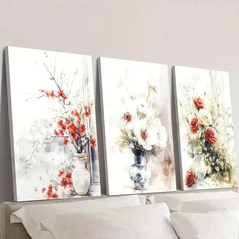 3pcs Plant and Flower Illustration in Vase Wall Art Canvas Unframed - High Quality Print 100% Australian Made Wall Canvas