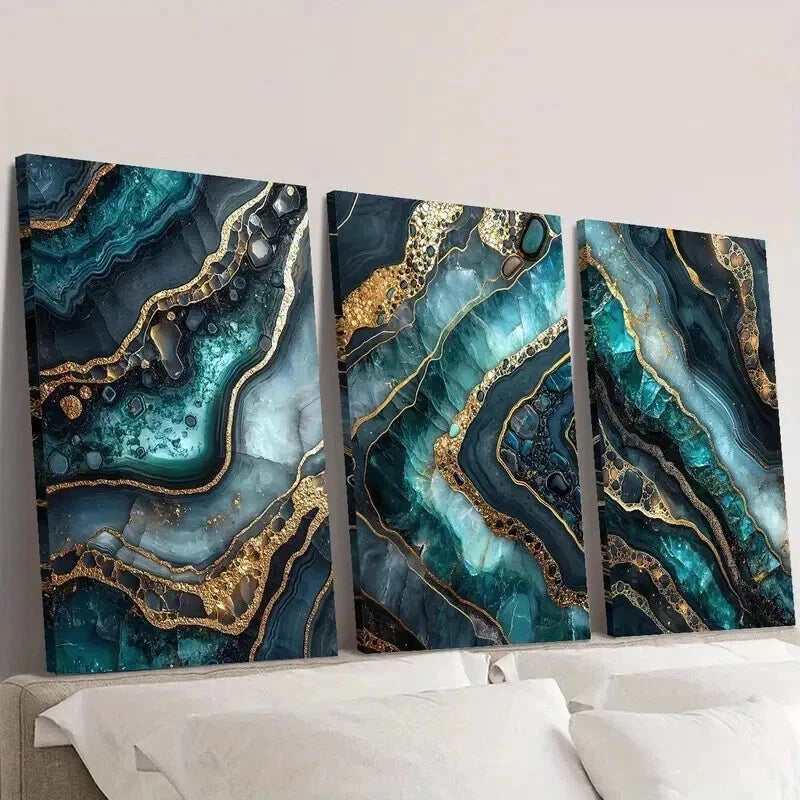 3pcs Green Gold Marble Texture Mural Wall Art Set Canvas Framed 40x60cm - High Quality Print 100% Australian Made Wall Canvas Ready to Hang