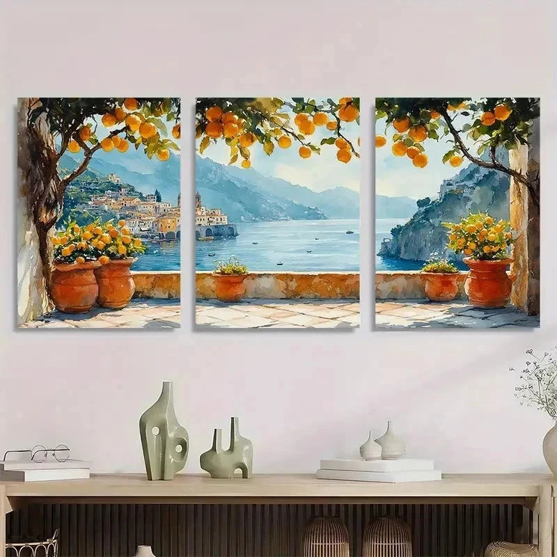 3pcs Cityscape Lemon Tree Mediterranean Perfect Wall Art Set Canvas Framed 60x90cm - High Quality Print 100% Australian Made Wall Canvas Ready to Hang