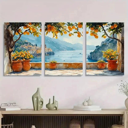 3pcs Cityscape Lemon Tree Mediterranean Perfect Wall Art Set Canvas Framed 60x90cm - High Quality Print 100% Australian Made Wall Canvas Ready to Hang
