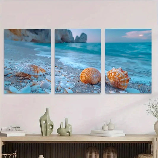 3pcs Coastal Sunset Seascape Beach Seashell Metal Print Ready to Hang Art