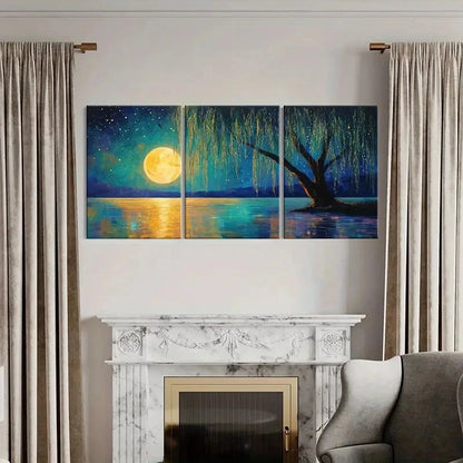3pcs Willow Tree Serene Night Sky Starry Landscape Metal Print Ready to Hang Art