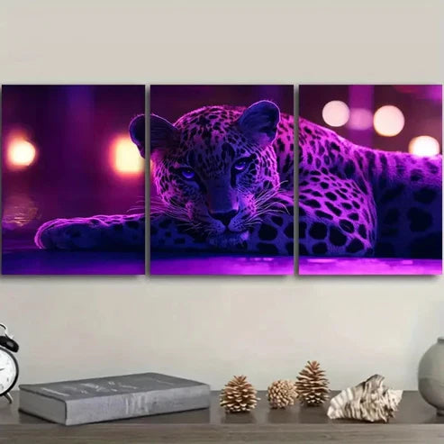 3pcs Leopard, Purple Light Effect Wall Art Set Canvas Unframed - High Quality Print 100% Australian Made Wall Canvas