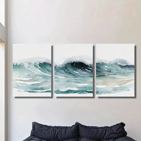 3pcs Ocean Waves Watercolor Painting  Wall Art Set Canvas Unframed - High Quality Print 100% Australian Made Wall Canvas