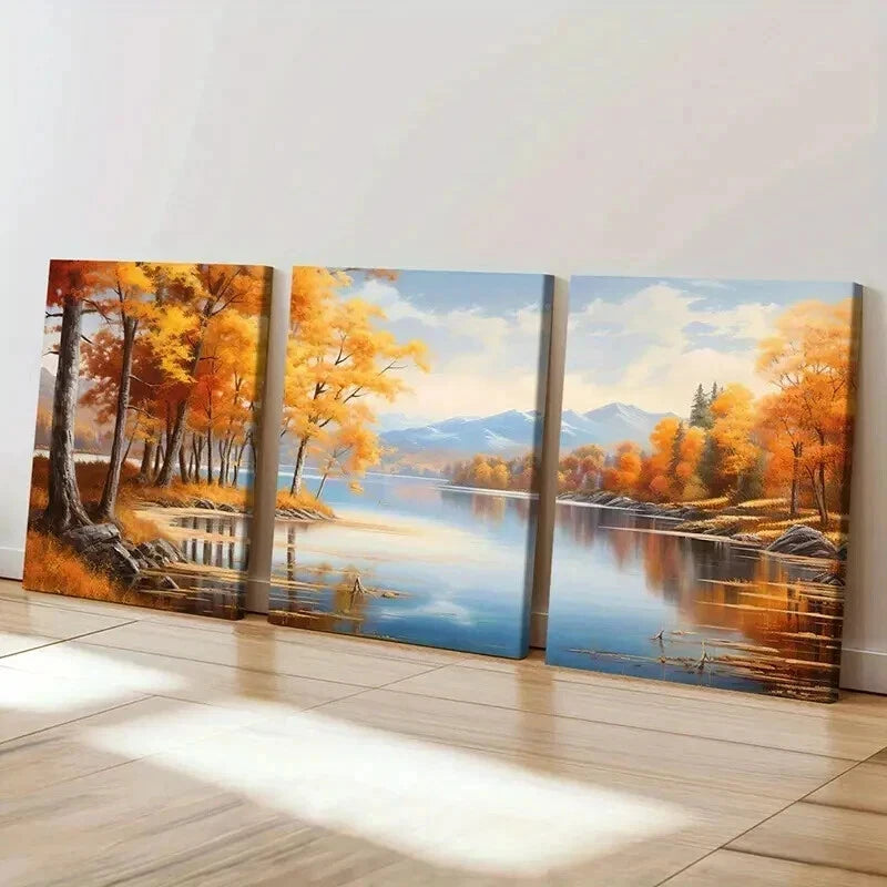 3pcs Autumn Forest Fallen Leaves Lake Mountains Wall Art Set Canvas Framed 40x60cm - High Quality Print 100% Australian Made Wall Canvas Ready to Hang