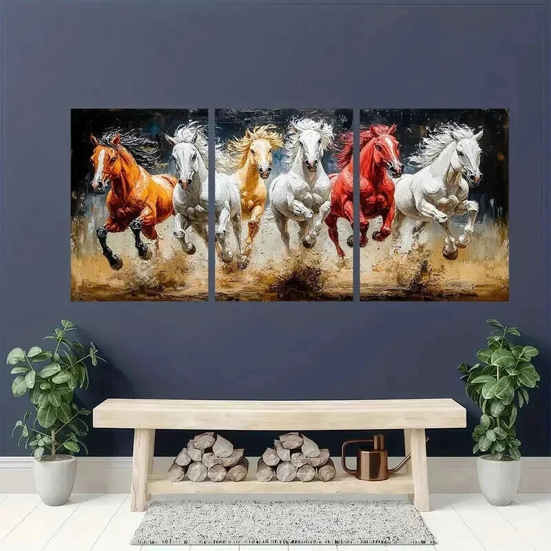 3pcs Vintage White Brown Red Running Horses Wall Art Set Canvas Framed 40x60cm - High Quality Print 100% Australian Made Wall Canvas Ready to Hang