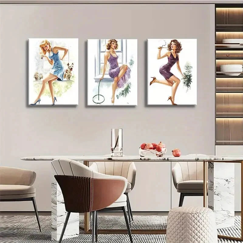 3pcs Vintage Pin-Up Girl Retro Glamorous Perfect Wall Art Set Canvas Framed 40x60cm - High Quality Print 100% Australian Made Wall Canvas Ready to Hang