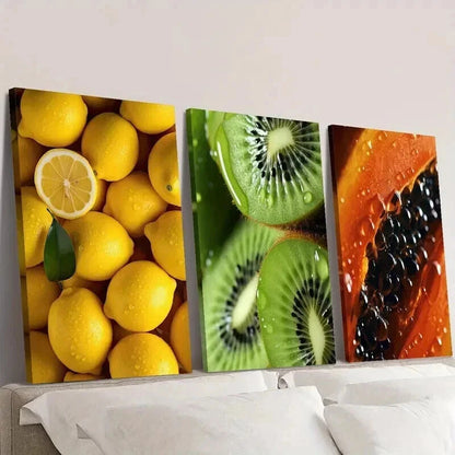 3pcs Tropical Lemon and Papaya Kiwi Poster Wall Art Set Canvas Framed 50x70cm - High Quality Print 100% Australian Made Wall Canvas Ready to Hang