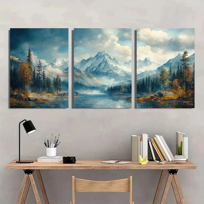 3pcs Rustic Mountain Classic Snow Capped Peaks Metal Print Ready to Hang Art