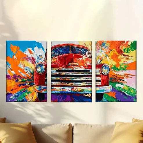 3pcs Red Truck with Colorful Paint Splatter Wall Art Canvas Unframed - High Quality Print 100% Australian Made Wall Canvas