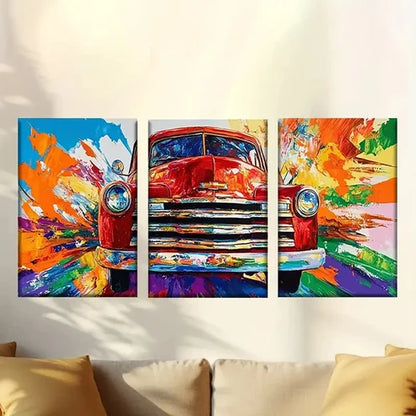 3pcs Red Truck with Colorful Paint Splatter Wall Art Canvas Unframed - High Quality Print 100% Australian Made Wall Canvas