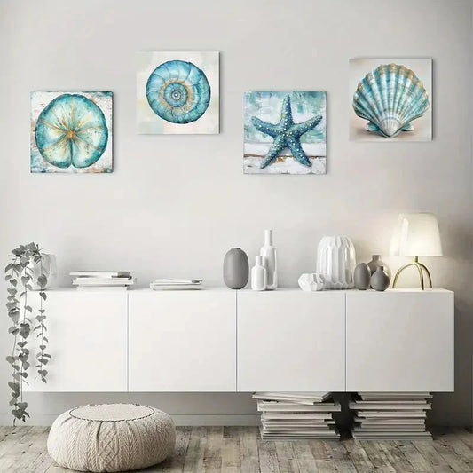 4pcs Rustic Beach Shell & Starfish Wall Decor Wall Art Canvas Framed