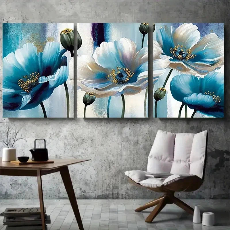 3pcs Blue White Poppy Botanical Floral Wall Art Set Canvas Framed 60x90cm - High Quality Print 100% Australian Made Wall Canvas Ready to Hang