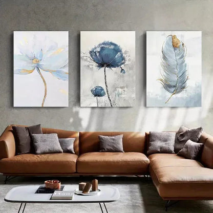 3pcs Blue Floral & Feather Abstract Wall Art Set Canvas Unframed - High Quality Print 100% Australian Made Wall Canvas