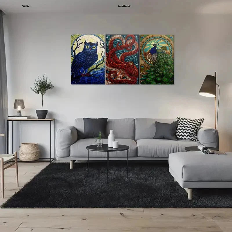 3pcs Whimsical Vibrant Animal Owl Serpent Peacock Metal Print Ready to Hang Art