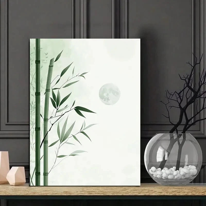 Minimalist Illustration of Bamboo, with a Moon Stars 40x60cm Metal Print Ready to Hang