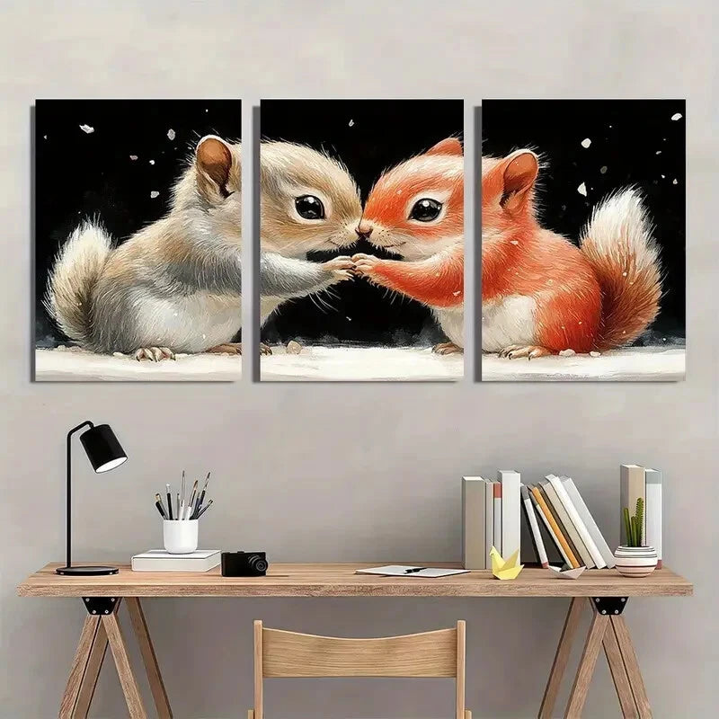 3pcs Hugging Squirrel Friends Snowy Scene Metal Print Ready to Hang Art