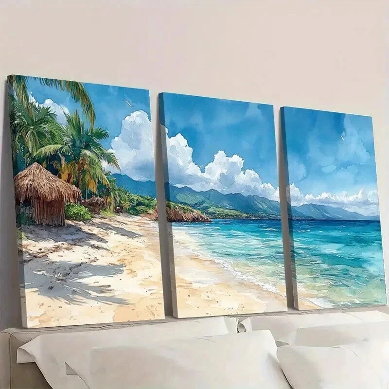 3pcs Serranilla Island Beach Huts & Ocean Views Wall Art Set Canvas Framed 40x60cm - High Quality Print 100% Australian Made Wall Canvas Ready to Hang