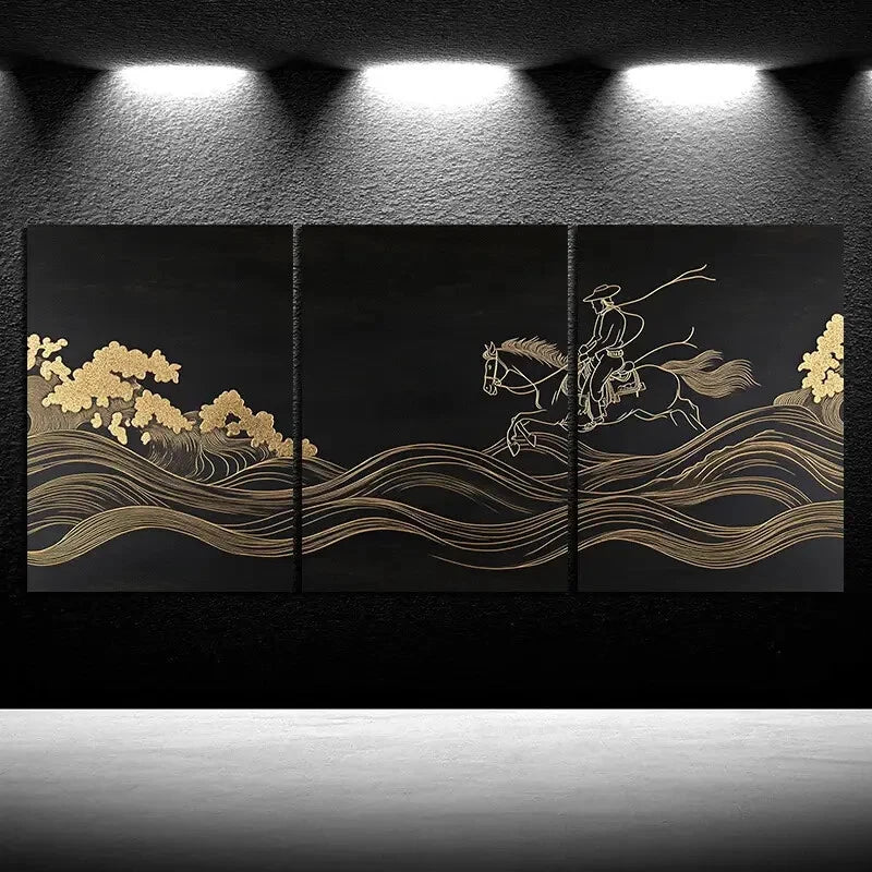 3pcs Man Riding a Horse Black & Golden Metal Print Ready to Hang Art