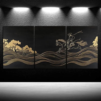 3pcs Man Riding a Horse Black & Golden Metal Print Ready to Hang Art