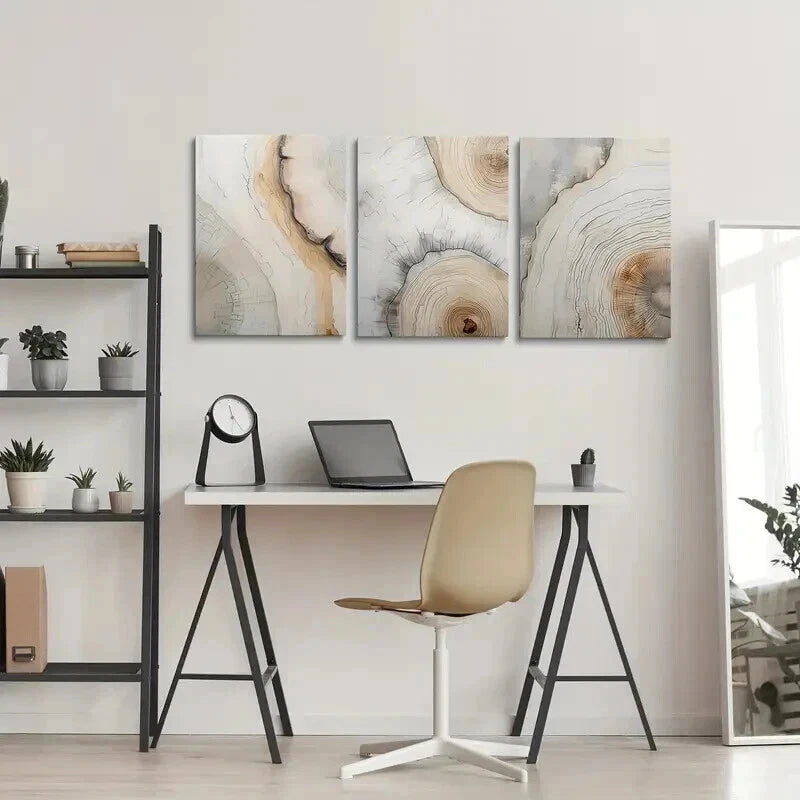 3pcs Geometric Neutral Tree Ring Patterns Wall Art Set Canvas Framed 40x60cm - High Quality Print 100% Australian Made Wall Canvas Ready to Hang