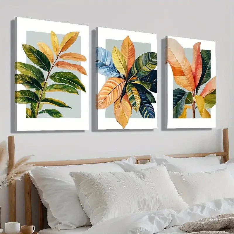 3pcs Modern Botanical Orange Blue Leave Perfect Wall Art Set Canvas Framed 40x60cm - High Quality Print 100% Australian Made Wall Canvas Ready to Hang