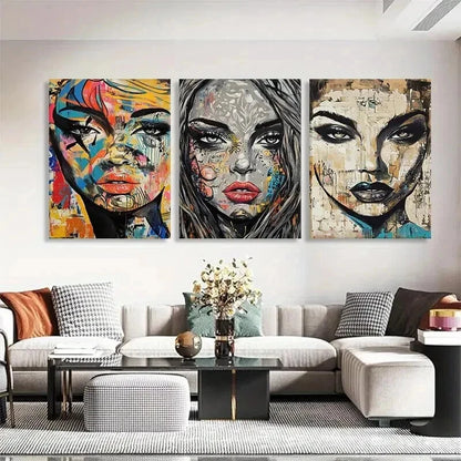 3pcs Colorful Faces with Mixed Media Perfect Wall Art Set Canvas Framed 40x60cm - High Quality Print 100% Australian Made Wall Canvas Ready to Hang