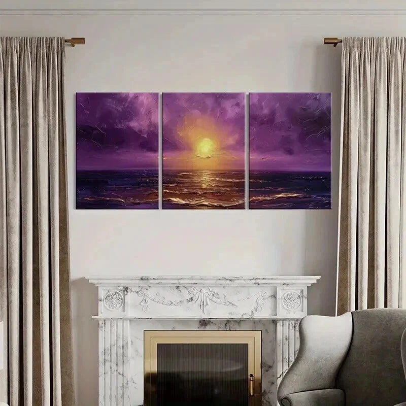 3pcs Sunset Over The Sea Purple Sky Golden Sun Wall Art Set Canvas Framed 60x90cm - High Quality Print 100% Australian Made Wall Canvas Ready to Hang