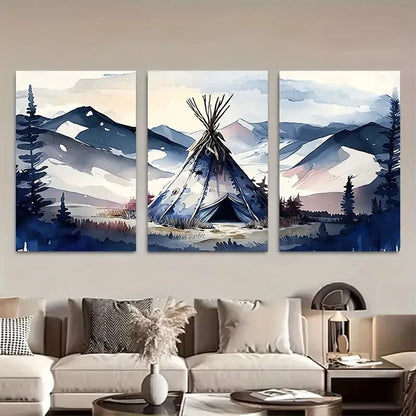 3pcs Blue Mountain Native Tip Modern & Rustic Metal Print Ready to Hang Art