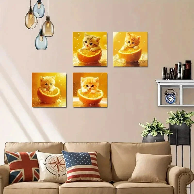4pcs Playful Kitten & Orange Slices Wall Art Canvas Framed