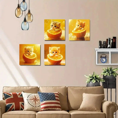 4pcs Playful Kitten & Orange Slices Wall Art Canvas Framed