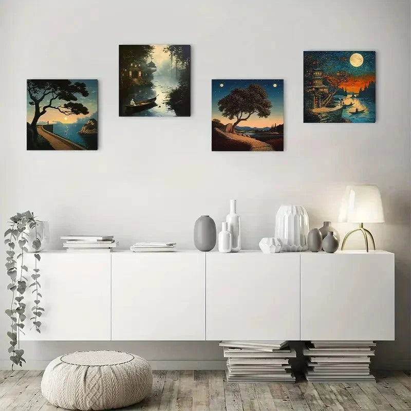 4pcs Tranquil River Scenes with Boats Wall Art Canvas Framed