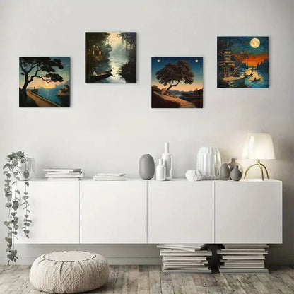 4pcs Tranquil River Scenes with Boats Wall Art Canvas Framed