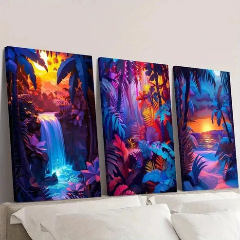 3pcs Tropical Waterfall Jungle Sunset & Beach Wall Art Canvas Unframed - High Quality Print 100% Australian Made Wall Canvas