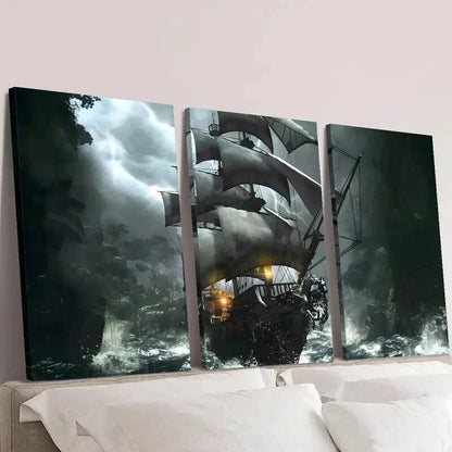 3pcs Fantasy Pirate Ship in Storm Theme Wall Art Set Canvas Framed 40x60cm - High Quality Print 100% Australian Made Wall Canvas Ready to Hang