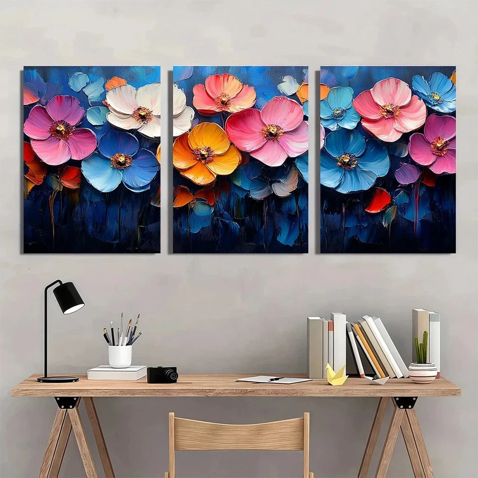 3pcs Colorful Flower Theme Painting Wall Art Set Canvas Framed 50x70cm - High Quality Print 100% Australian Made Wall Canvas Ready to Hang
