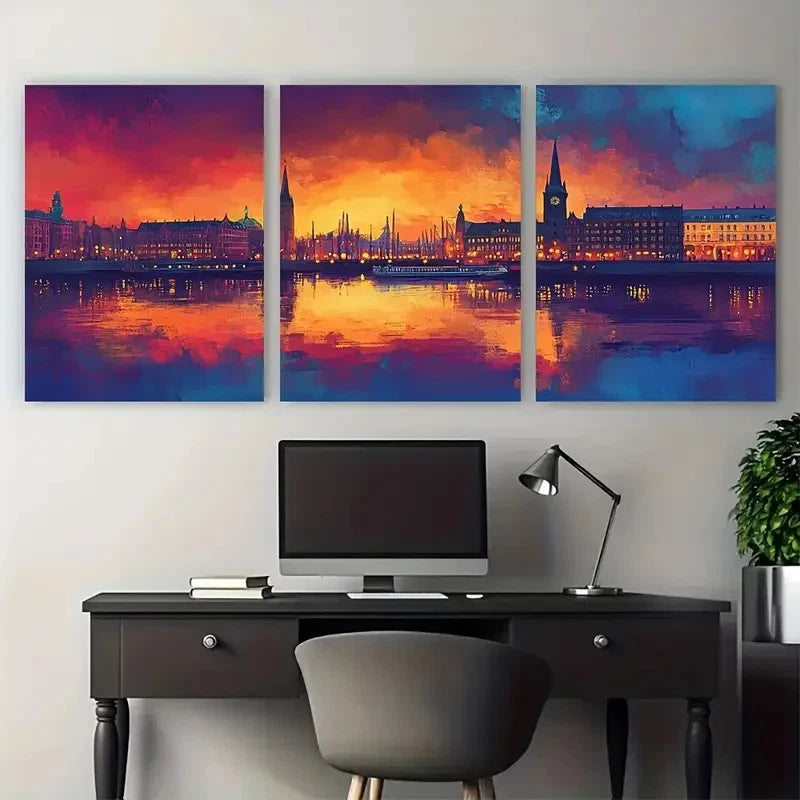 3pcs Hamburg Skyline Décor Reflections Perfect Wall Art Set Canvas Framed 40x60cm - High Quality Print 100% Australian Made Wall Canvas Ready to Hang