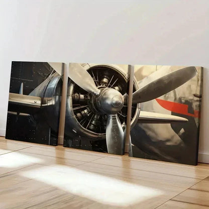 3pcs Airplane Propeller Engine Vintage Wall Art Set Canvas Framed 60x90cm - High Quality Print 100% Australian Made Wall Canvas Ready to Hang