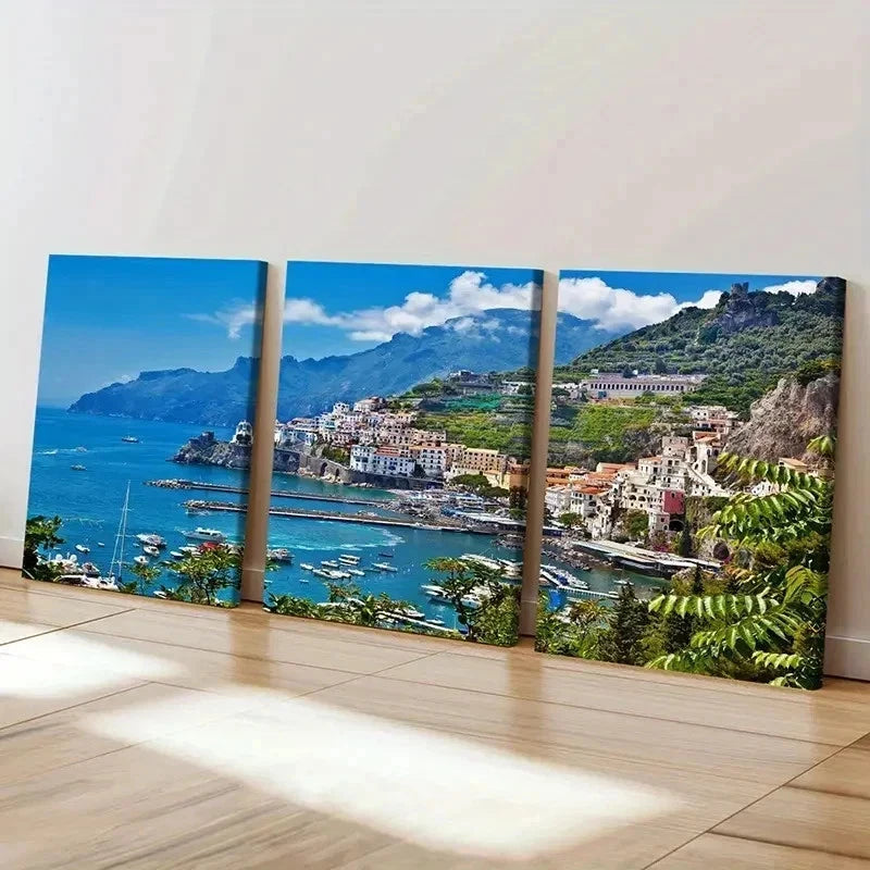 3pcs Seaside City Coastline Sea Scenery Wall Art Set Canvas Framed 40x60cm - High Quality Print 100% Australian Made Wall Canvas Ready to Hang