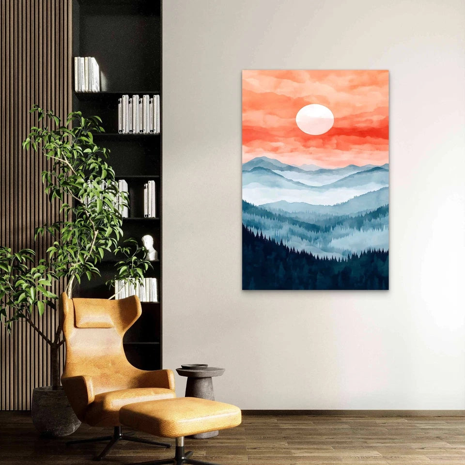 Watercolor Sunset Misty Mountains 60x90cm Metal Print Ready to Hang