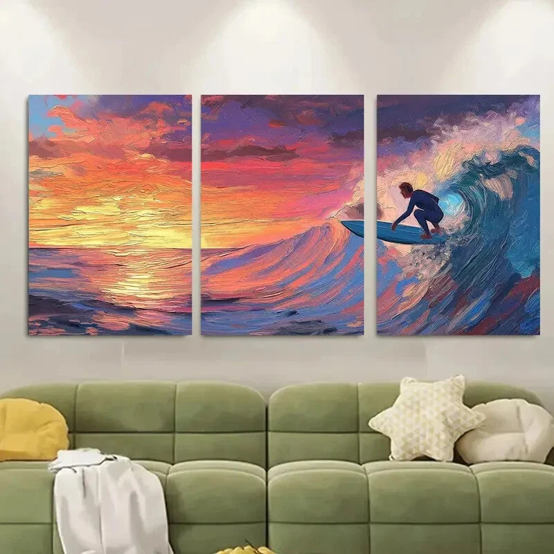3pcs Neon Blue Water & Orange Sky Vibrant Sunset Metal Print Ready to Hang Art