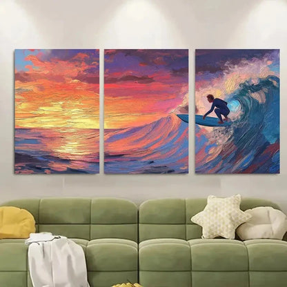 3pcs Neon Blue Water & Orange Sky Vibrant Sunset Metal Print Ready to Hang Art