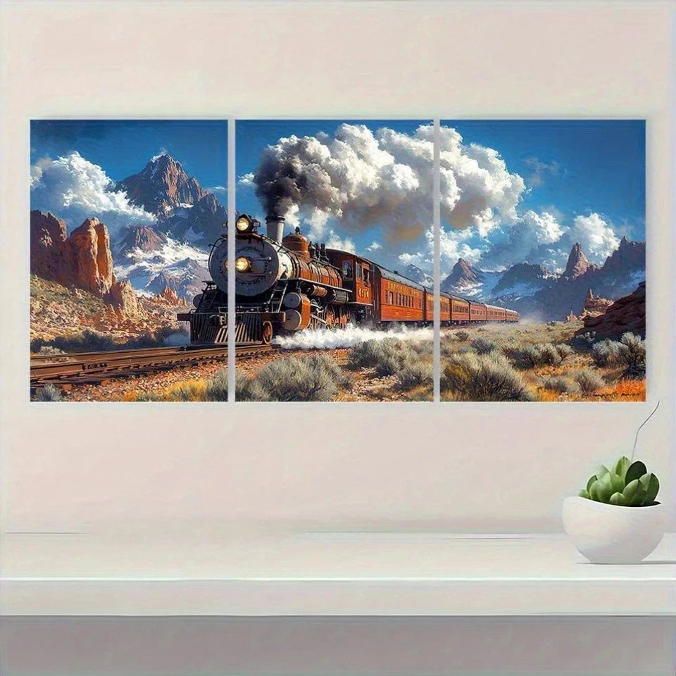 3pcs Train in Mountains Desert Metal Print Ready to Hang Art