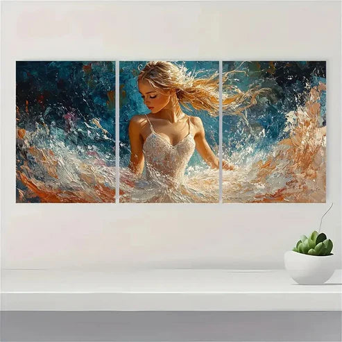 3pcs White Dress Blue & Golden Dance T Wall Art Set Canvas Unframed - High Quality Print 100% Australian Made Wall Canvas - Bella Home Decor