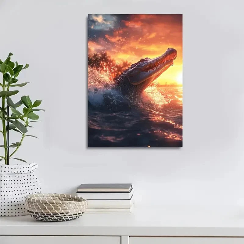 Beautiful Fantasy Crocodile Sunset Scene Painting 40x60cm Metal Print Ready to Hang