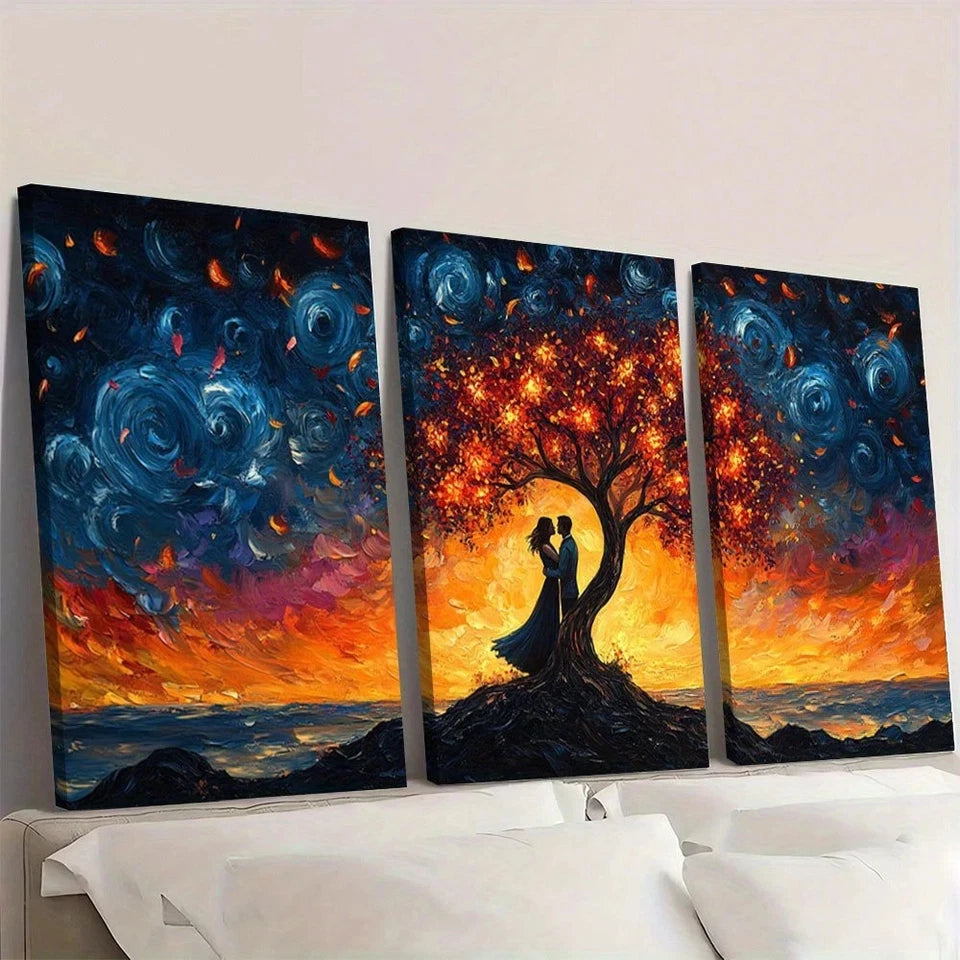 Three-panel canvas art set with a romantic tree scene and couple, set against a colorful sky.